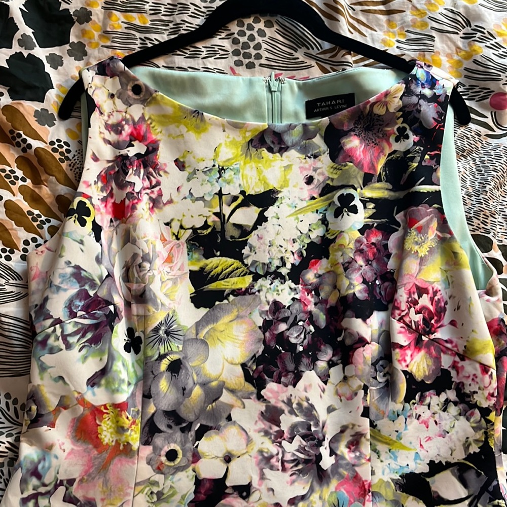 Floral Tahari boat neck sleeveless dress.